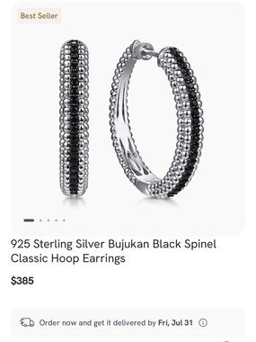 Gabriel & Co Black Spinel Beaded Hoop Earrings in 925 Sterling Silver
